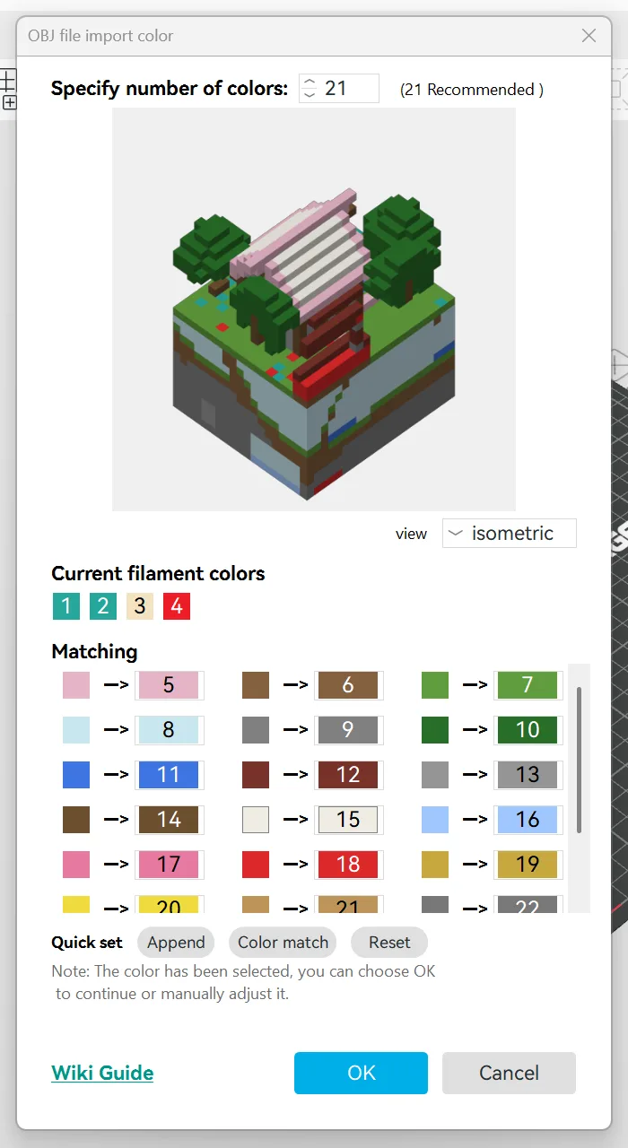 Das Fenster OBJ file import color in Flash Studio: bunte Vorschau des Hauses, Anzahl der Farben und die Liste Matching
