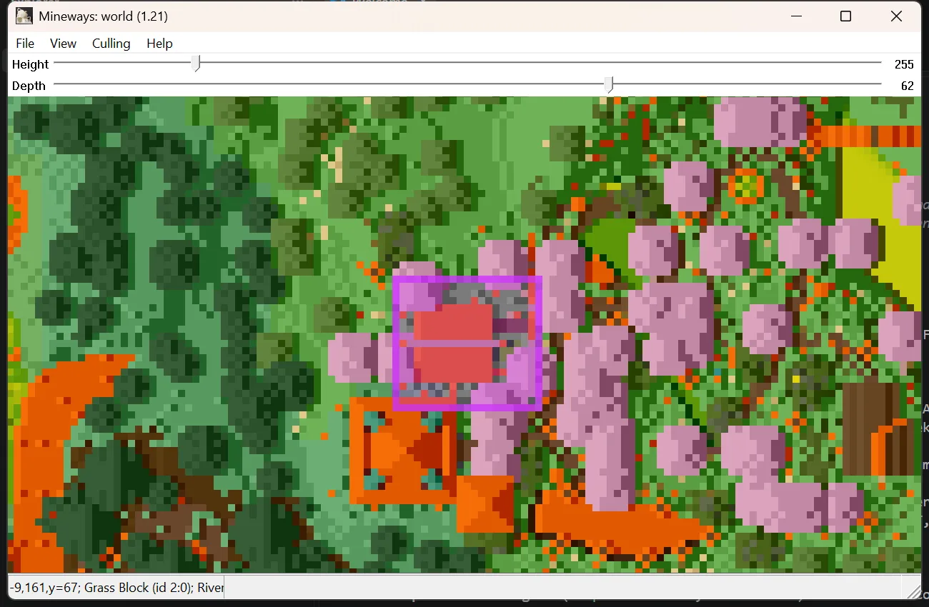 Mineways mit lila Auswahlrahmen um das Haus mit dem Kirschholzdach