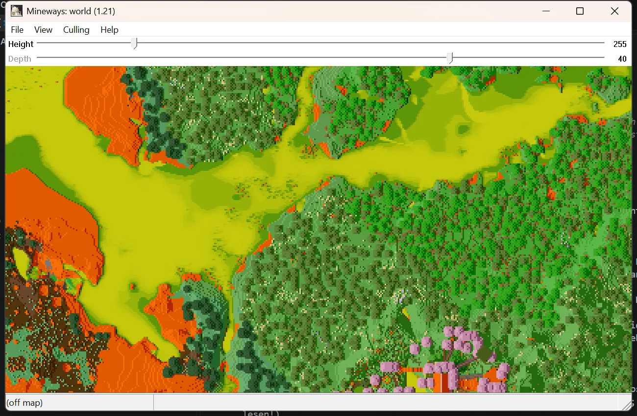 Mineways zeigt unsere Welt von oben: Wald, Fluss und die Basis mit den Häusern